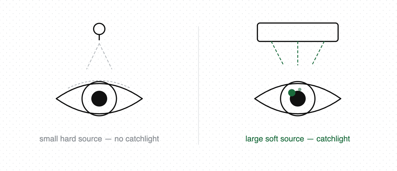 Comparison of an eye lit by a small hard source with no catchlight and an eye lit by a large soft source showing a clear catchlight