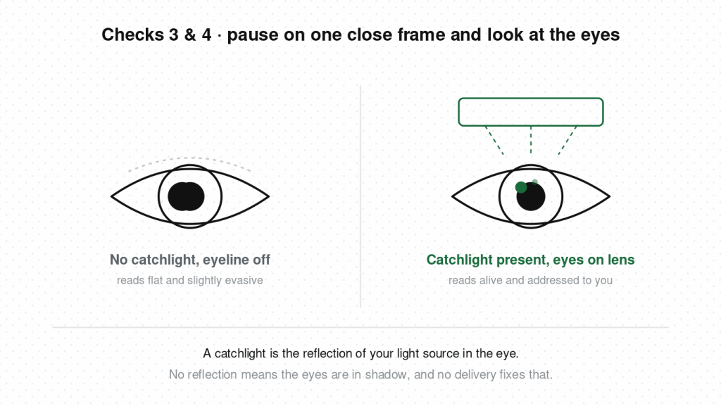 Comparison of an eye with no catchlight and drifting eyeline versus an eye lit by a large soft source with a visible catchlight