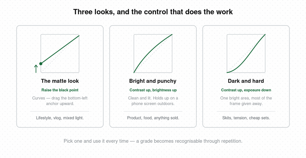 Three tone curves showing the matte look with the black point raised, a bright punchy grade with contrast and brightness increased, and a dark hard grade with contrast up and exposure down