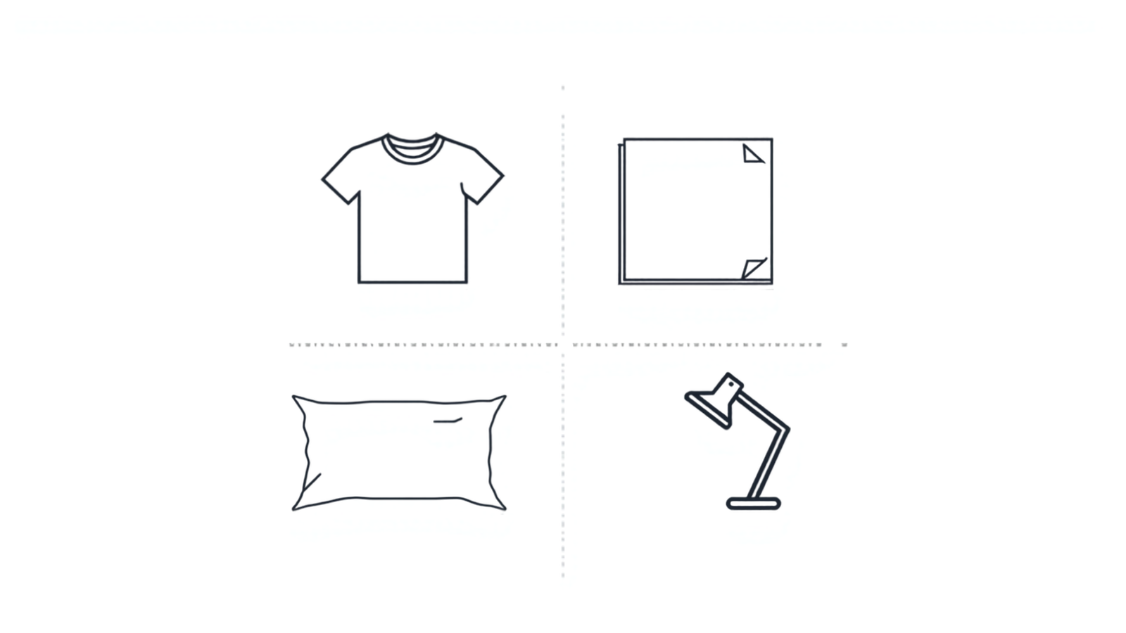 Line-art icon set of household objects that work as improvised light diffusers: a white t-shirt, a sheet of paper, a pillowcase, and a desk lamp