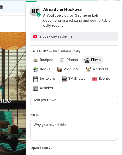 The Hookova extension popup after saving a YouTube vlog, showing the auto-written synopsis, the category it was filed under, and an optional note field