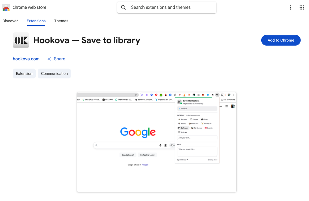 The Hookova — Save to library extension on the Chrome Web Store, showing the one-click save popup with the page filed automatically into a category