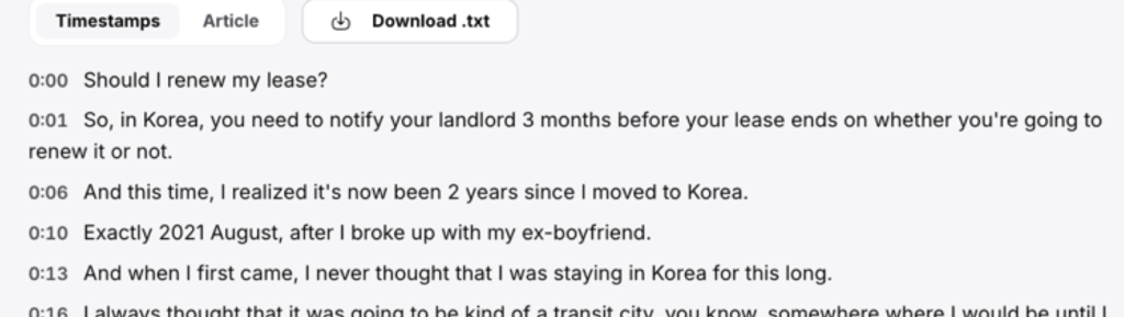 Instagram Reels transcript in Hookova's Timestamps view, each spoken line listed with its time, plus a Download .txt button