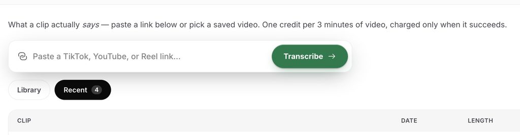 Hookova Transcribe Video tool with a box to paste a TikTok, YouTube or Instagram Reel link, charging one credit per 3 minutes of video